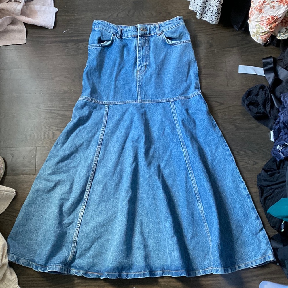 Zara Blue Denim Flared Maxi Skirt